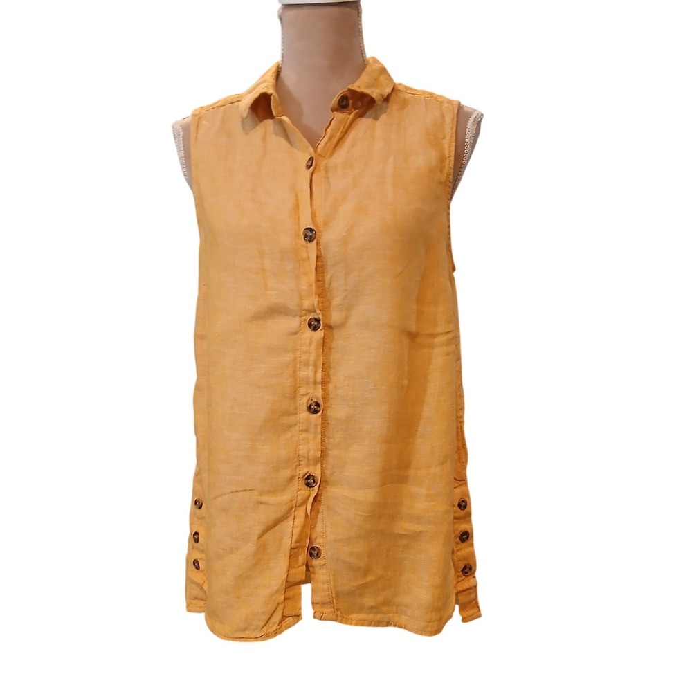 Jones & Co Medium Mustard Yellow 100% Linen Sleeveless Button Down Shirt